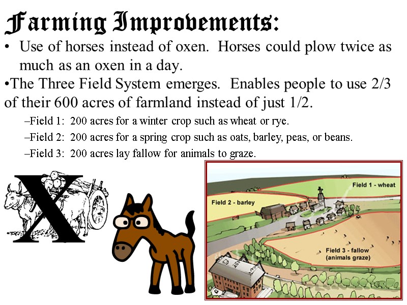 Farming Improvements: Use of horses instead of oxen.  Horses could plow twice as
